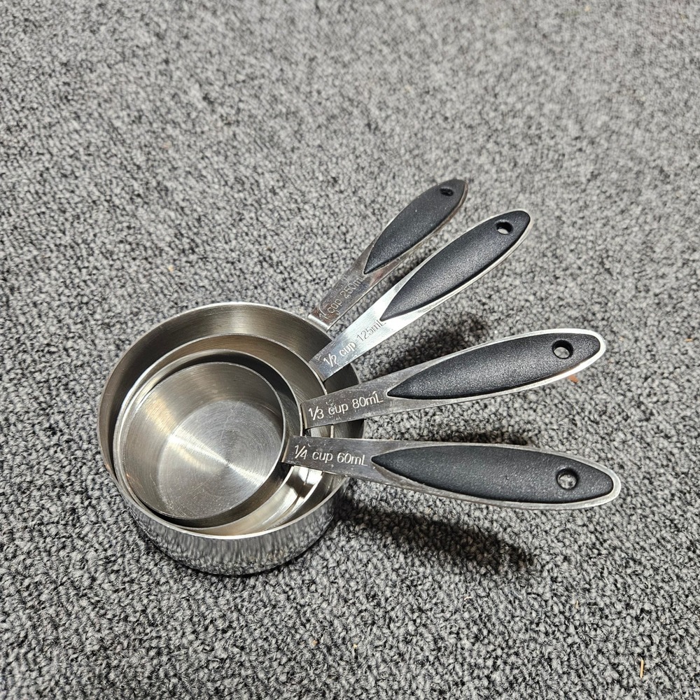 Stainless Steel‎ Measuring Cup Set 4 Piece Black Soft Grip Handles 250mL-60mL